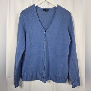 Lands' End 100% Cotton Blue Button Front Chunky Knit Cardigan Sweater Women's M